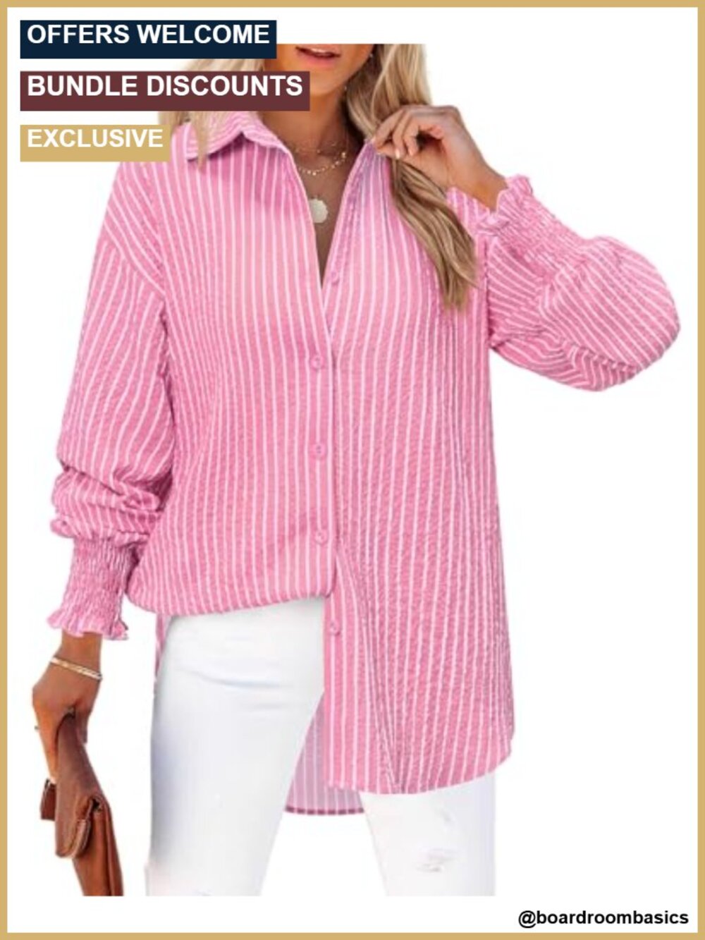 Women's Striped Button Down Shirt Long Sleeve Smocked Cuffed Boyfriend Blouse